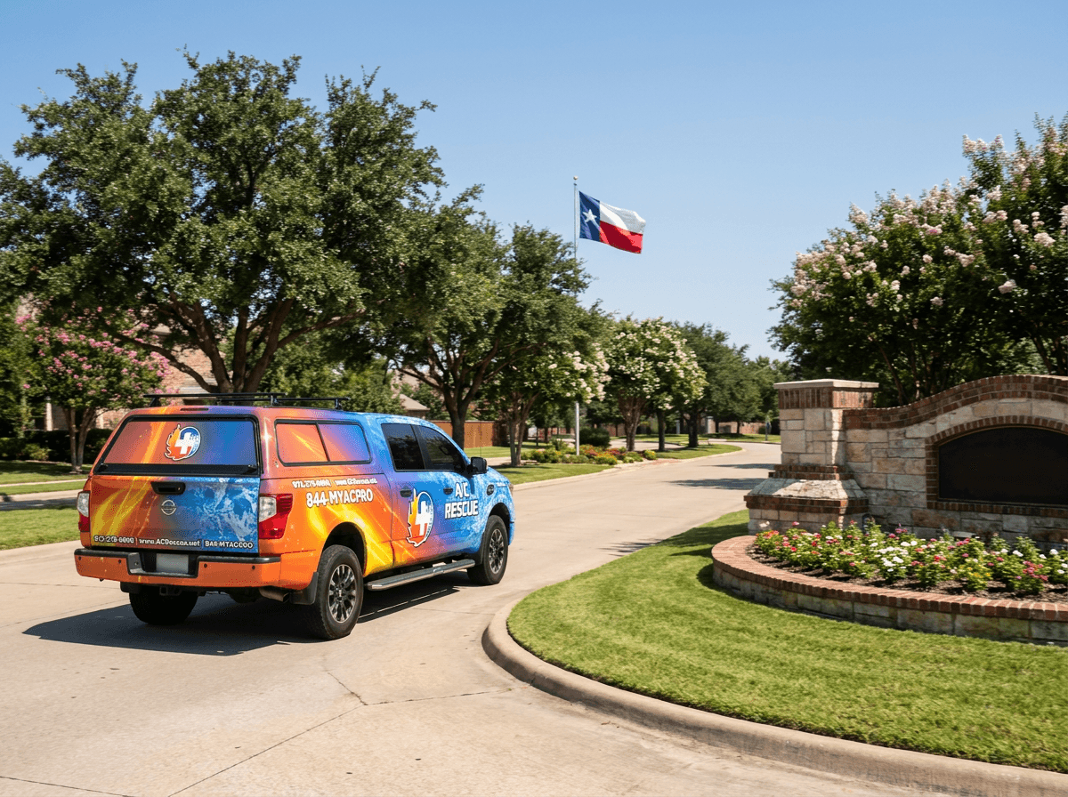 The A/C Rescue wrapped truck rounding a Texas subdivision entrance